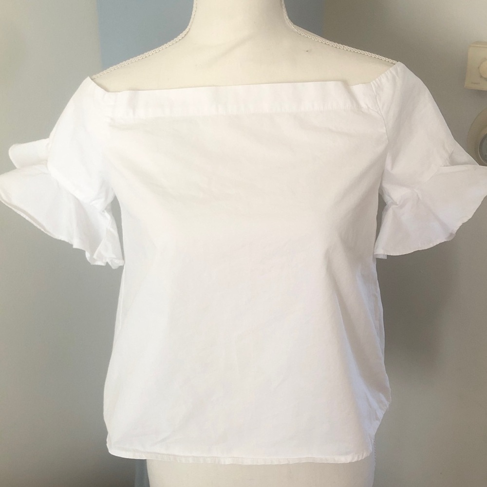 Blue Rain White Off-Shoulder Ruffle Sleeve Blouse